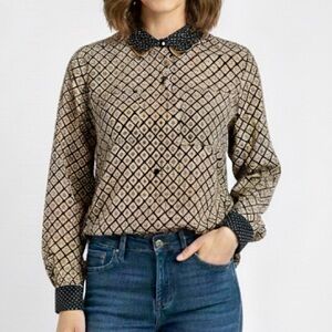 Topshop Geometric & Polka Dot Black and Beige  Button Down Blouse Size 4